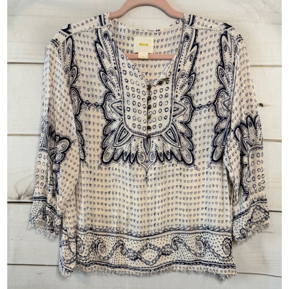 Maeve Anthropologie Heart‎ Paisley Print Boho Rayon Blouse Cream Blue Medium